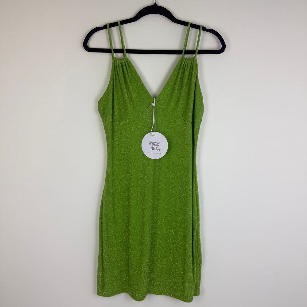 NWT Princess Polly Womens Claire Sleeveless V-Neck Shimmer Green Mini Dress 8 US